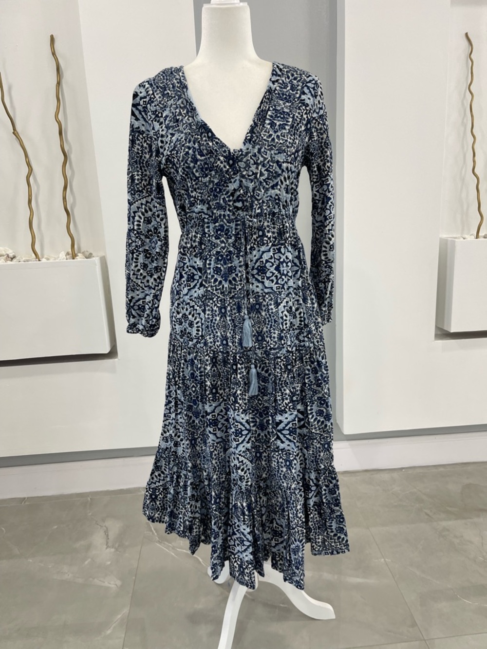 Lucky Brand Navy and Light Blue Boho V-Neck Long Sleeve Midi Dress